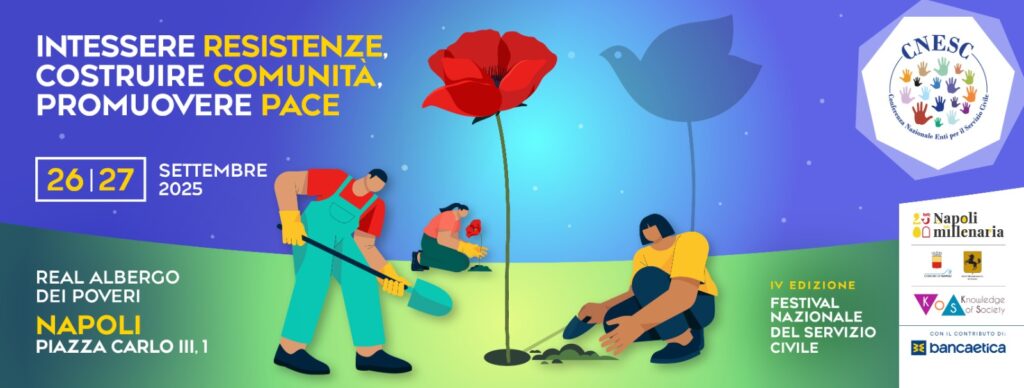 Locandina del Festival del Servizio Civile. L'immagine raffigura al centro un grande papavero la cui ombra genera una colomba, simbolo della Pace. Il fiore è piantato da due giovani che rappresentano gli operatori volontari del Servizio Civile
